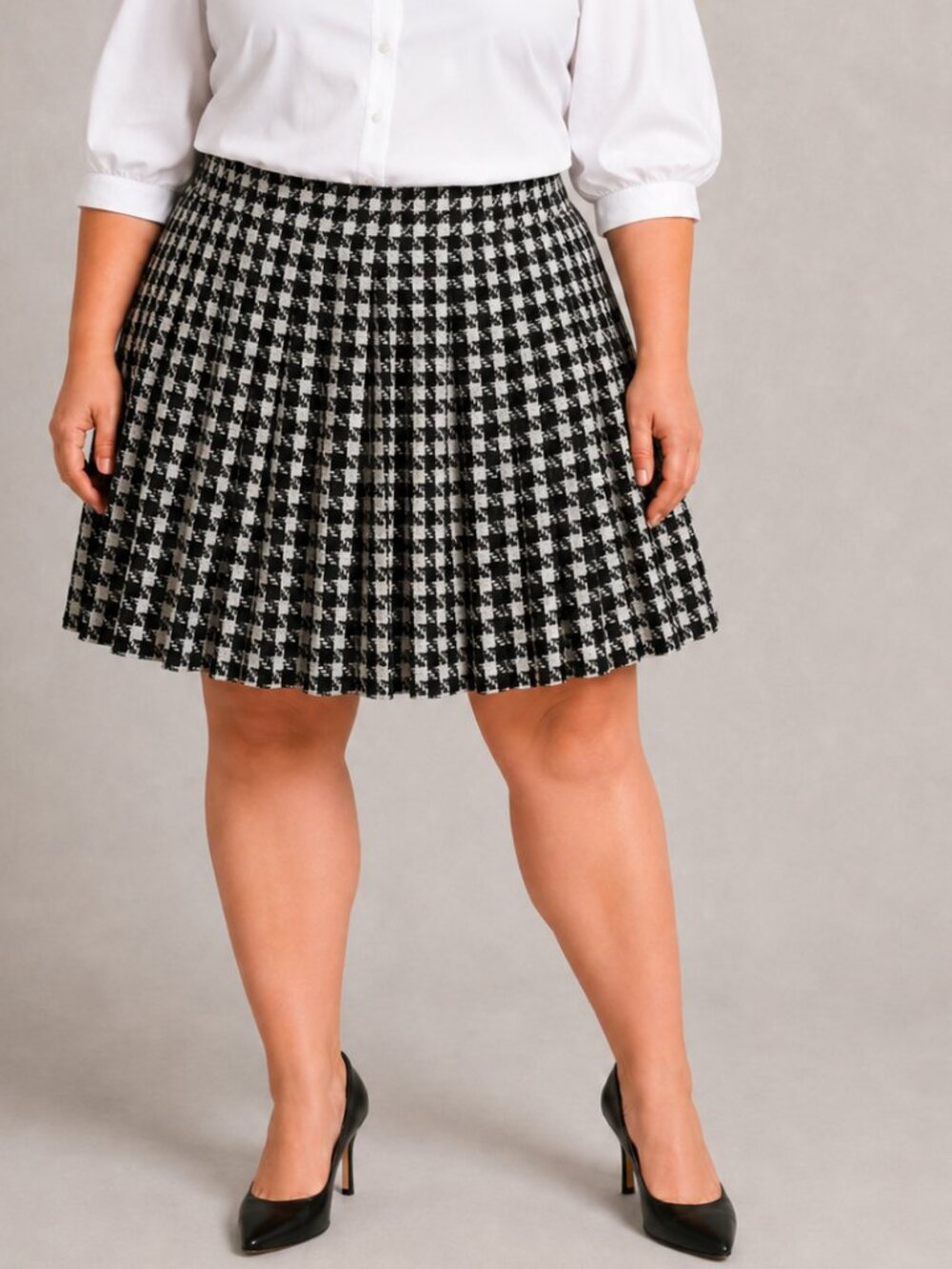 Eloquii NWT Houndstooth Tweed Pleated Skirt, Sz 20, Black and White, Preppy